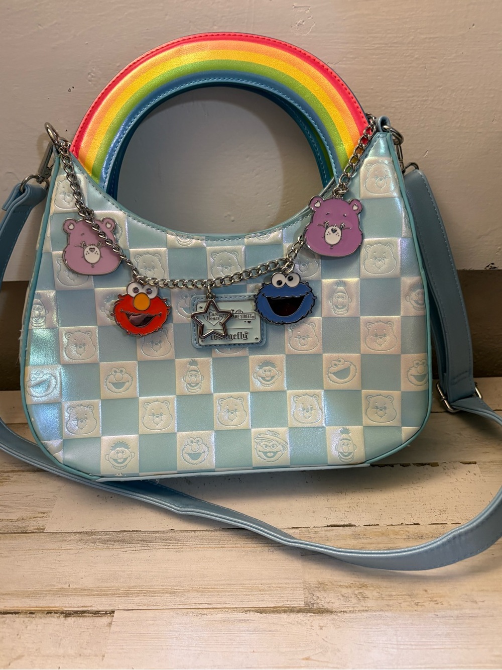 Loungefly Pastel Blue Checkerboard Shoulder Bag with Rainbow Handle